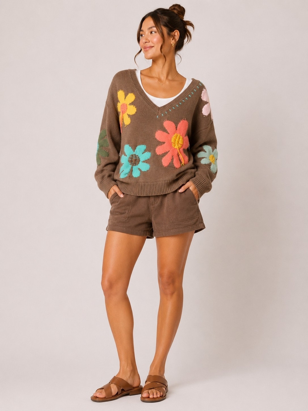 POL Floral V-Neck Knit Sweater - Brown with Multi-Color Flowers
